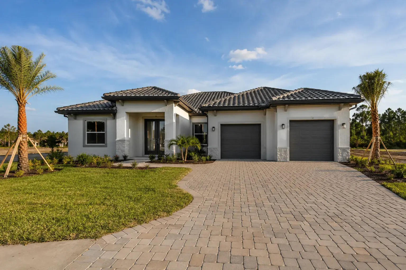 A completed single-storey Florida home with tile roof and paver driveway on a cleared suburban lot